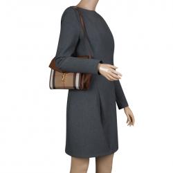 Pre Owned Burberry Brown House Check Fabric and Leather Crossbody Bag