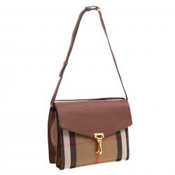 Pre Owned Burberry Brown House Check Fabric and Leather Crossbody Bag