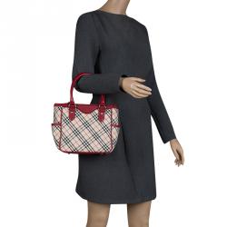 Pre Owned Burberry Red Nova Check Fabric Tote