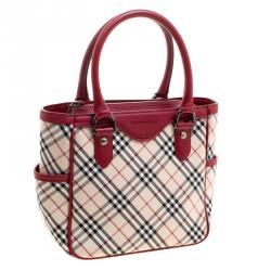 Pre Owned Burberry Red Nova Check Fabric Tote