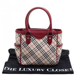 Pre Owned Burberry Red Nova Check Fabric Tote