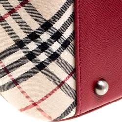 Pre Owned Burberry Red Nova Check Fabric Tote