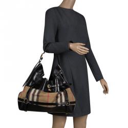 Pre Owned Burberry Metallic Black House Check Fabric and Leather Bridle Hobo