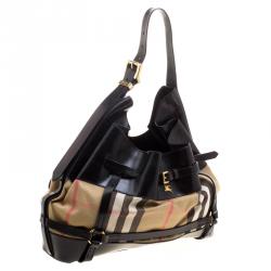 Pre Owned Burberry Metallic Black House Check Fabric and Leather Bridle Hobo