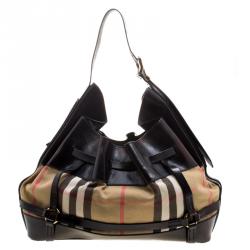 Pre Owned Burberry Metallic Black House Check Fabric and Leather Bridle Hobo
