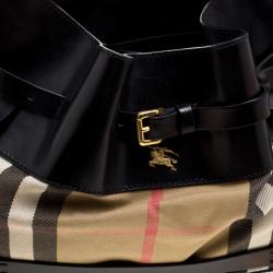Pre Owned Burberry Metallic Black House Check Fabric and Leather Bridle Hobo