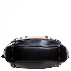 Pre Owned Burberry Metallic Black House Check Fabric and Leather Bridle Hobo