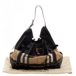 Pre Owned Burberry Metallic Black House Check Fabric and Leather Bridle Hobo