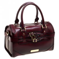 Pre Owned Burberry Burgundy Bridle Leather Belted Bowling Bag