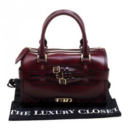 Pre Owned Burberry Burgundy Bridle Leather Belted Bowling Bag