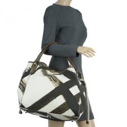 Pre Owned Burberry White Canvas Brushstroke Check Print Shopper