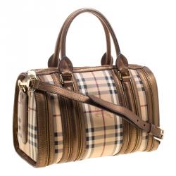 Pre Owned Burberry Bronze Haymarket Canvas and Leather Medium Alchester Bowling Bag