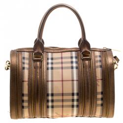 Pre Owned Burberry Bronze Haymarket Canvas and Leather Medium Alchester Bowling Bag