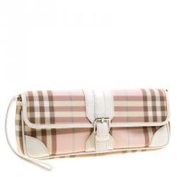 مملوكة مسبقًا حقيبة كلتش بربري حمالة معصم PVC كاروهات هاوس بيضاء