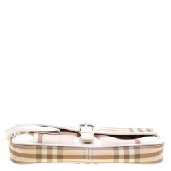 مملوكة مسبقًا حقيبة كلتش بربري حمالة معصم PVC كاروهات هاوس بيضاء