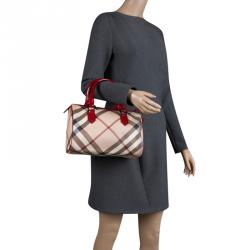 Pre Owned Burberry Red Nova Check PVC Chester Boston Bag