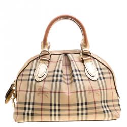 Pre Owned Burberry Gold Haymarket Check PVC and Leather Thornley Bowling Bag