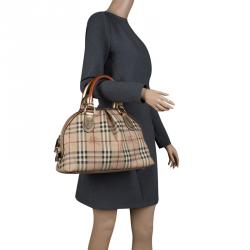 Pre Owned Burberry Gold Haymarket Check PVC and Leather Thornley Bowling Bag