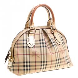 Pre Owned Burberry Gold Haymarket Check PVC and Leather Thornley Bowling Bag