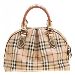 Pre Owned Burberry Gold Haymarket Check PVC and Leather Thornley Bowling Bag