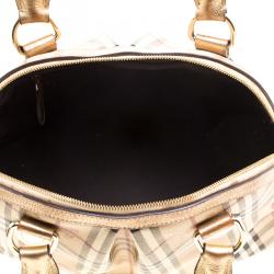 Pre Owned Burberry Gold Haymarket Check PVC and Leather Thornley Bowling Bag