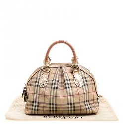 Pre Owned Burberry Gold Haymarket Check PVC and Leather Thornley Bowling Bag