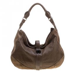 Pre Owned Burberry Khaki Perforated Leather and Suede Bartow Hobo