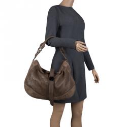 Pre Owned Burberry Khaki Perforated Leather and Suede Bartow Hobo