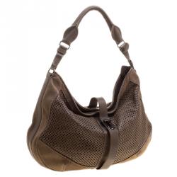 Pre Owned Burberry Khaki Perforated Leather and Suede Bartow Hobo