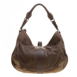 Pre Owned Burberry Khaki Perforated Leather and Suede Bartow Hobo