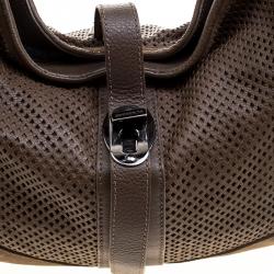 Pre Owned Burberry Khaki Perforated Leather and Suede Bartow Hobo