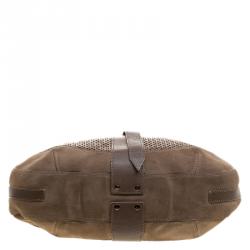 Pre Owned Burberry Khaki Perforated Leather and Suede Bartow Hobo
