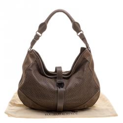 Pre Owned Burberry Khaki Perforated Leather and Suede Bartow Hobo