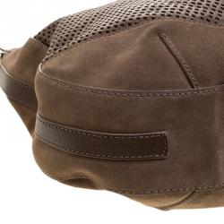 Pre Owned Burberry Khaki Perforated Leather and Suede Bartow Hobo