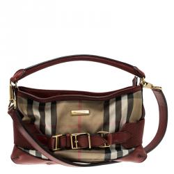 Pre Owned Burberry Red House Check Fabric and Leather Hobo