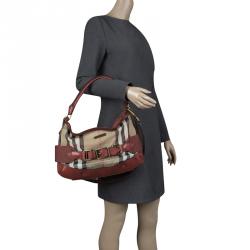 Pre Owned Burberry Red House Check Fabric and Leather Hobo