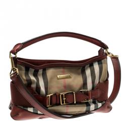 Pre Owned Burberry Red House Check Fabric and Leather Hobo