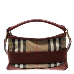 Pre Owned Burberry Red House Check Fabric and Leather Hobo