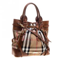 Pre Owned Burberry Brown House Check Fabric Bridle Whipstitch Tote