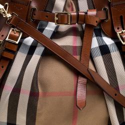 Pre Owned Burberry Brown House Check Fabric Bridle Whipstitch Tote