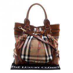 Pre Owned Burberry Brown House Check Fabric Bridle Whipstitch Tote