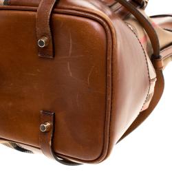 Pre Owned Burberry Brown House Check Fabric Bridle Whipstitch Tote