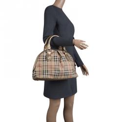 Pre Owned Burberry Gold Haymarket Check PVC and Leather Thornley Bowling Bag
