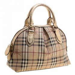 Pre Owned Burberry Gold Haymarket Check PVC and Leather Thornley Bowling Bag