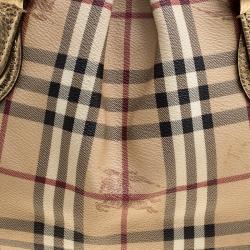 Pre Owned Burberry Gold Haymarket Check PVC and Leather Thornley Bowling Bag