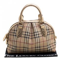 Pre Owned Burberry Gold Haymarket Check PVC and Leather Thornley Bowling Bag