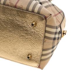 Pre Owned Burberry Gold Haymarket Check PVC and Leather Thornley Bowling Bag