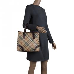 Pre Owned Burberry Beige/Brown Haymarket Check Canvas and Leather Tote