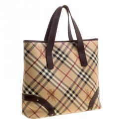 Pre Owned Burberry Beige/Brown Haymarket Check Canvas and Leather Tote