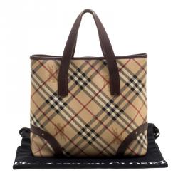 Pre Owned Burberry Beige/Brown Haymarket Check Canvas and Leather Tote